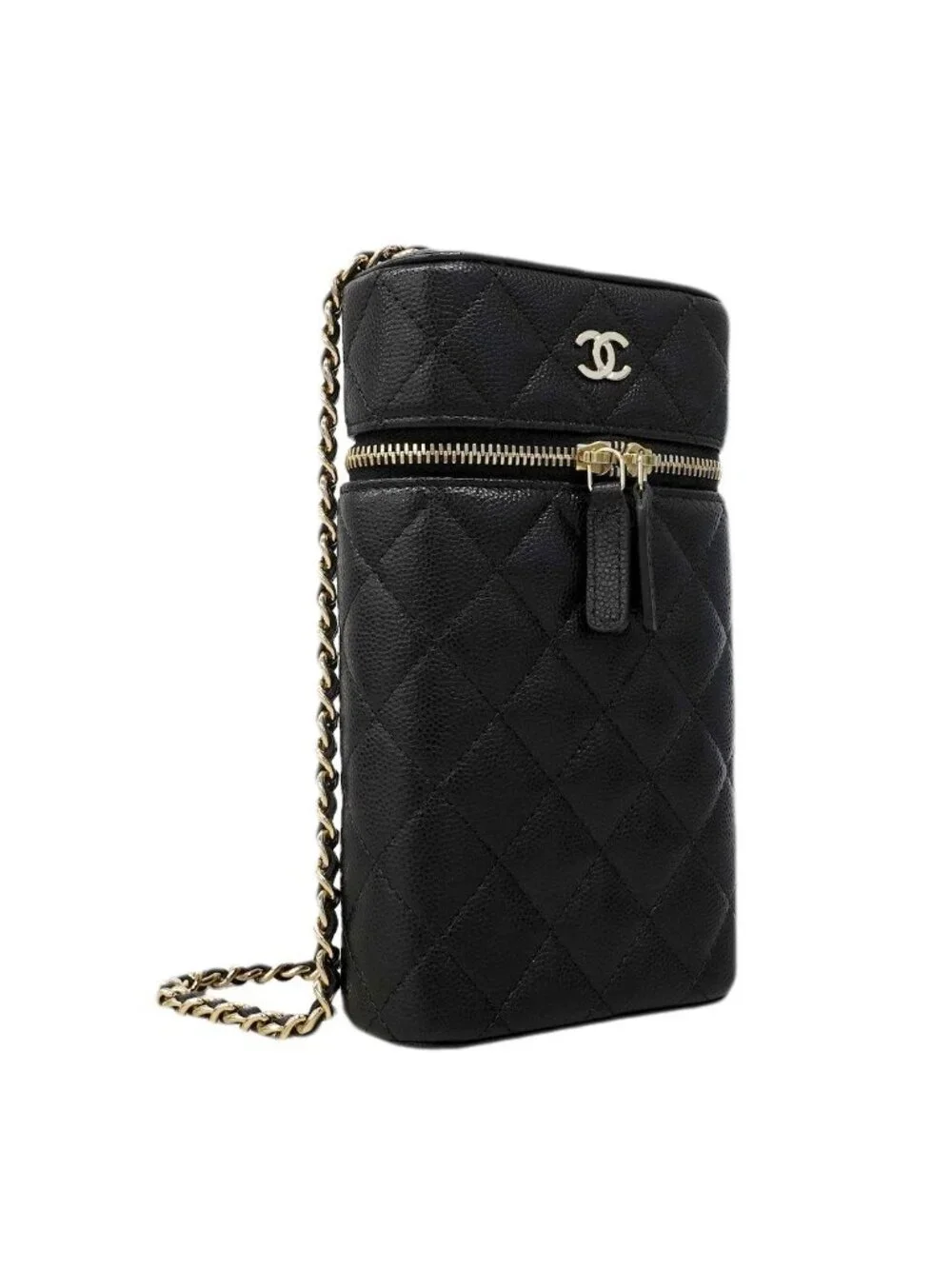 Chanel Shoulder Bag Quilted Caviar Leather Black Champagne Gold
